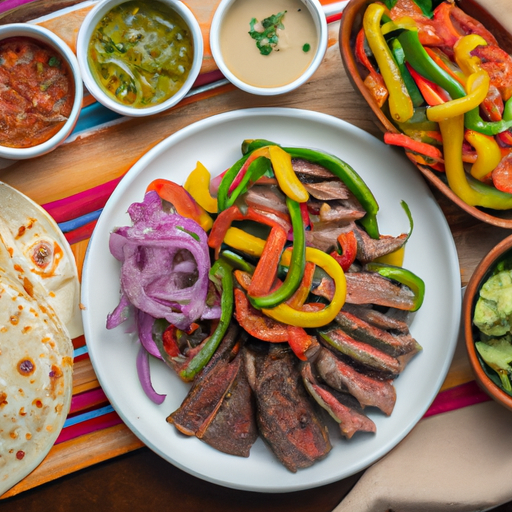 Colorful steak fajitas with bell peppers and onions, served with tortillas and guacamole