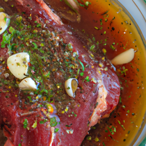 A raw steak marinating in a mixture of olive oil, garlic, and herbs