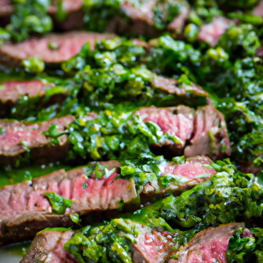 Sliced flank steak topped with vibrant green chimichurri sauce and fresh herbs